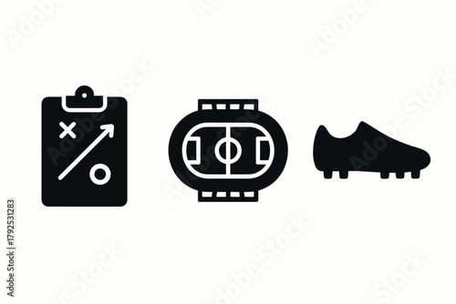 Soccer strategy icon set with field, cleats, and tactics board