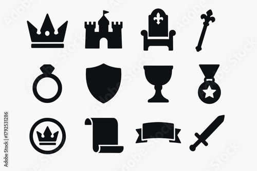 Medieval icons set featuring crown, castle, and sword in silhouette style