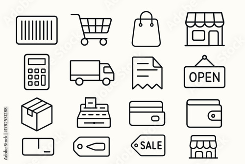 Minimalist shopping and retail icons collection for ecommerce and store design
