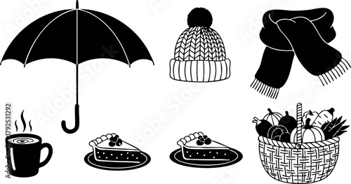 Winter items collection with umbrella hot drink pie hat scarf and basket vector set