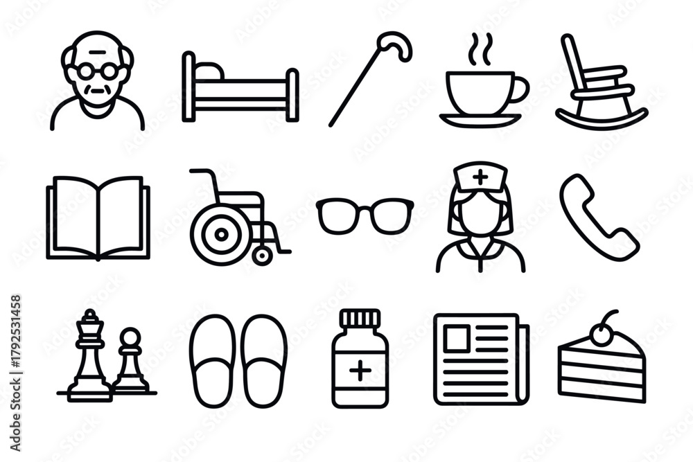 Fototapeta premium Elderly care icon set essentials for seniors and caregivers in simple line art