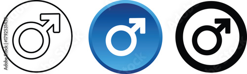 Male symbol in various styles including line art, silhouette and color vector design