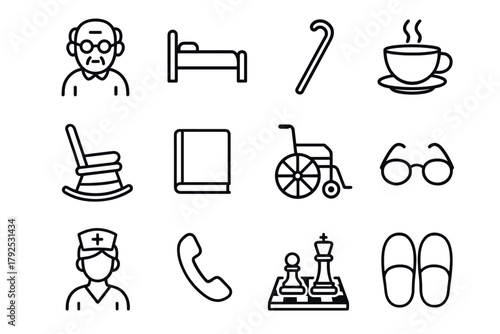 Simple line icons representing senior living essentials and activities