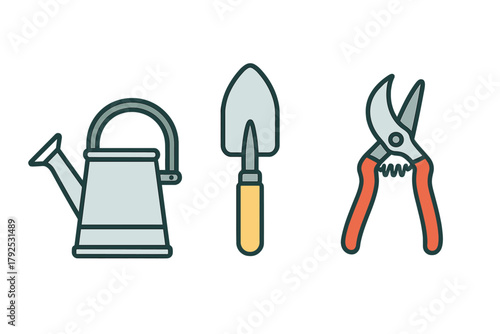 Gardening tools set featuring a watering can, hand trowel, and pruning shears