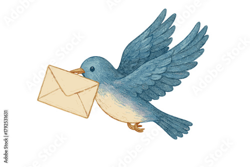 Flying blue bird carrying a sealed beige envelope in its beak isolated on white