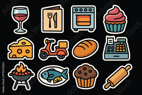 Colorful food and cooking icon set with bold outlines on black background