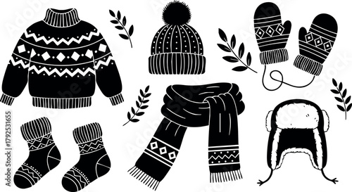 Winter clothing set with sweater hat mittens socks scarf and trapper hat vector illustration black and white