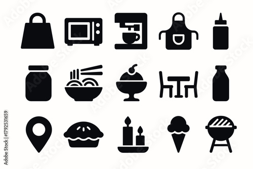 Kitchen and food icons set appliances, dining, and cooking elements