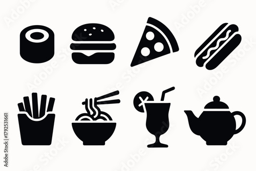 Silhouette icons of popular fast food items including sushi and burgers
