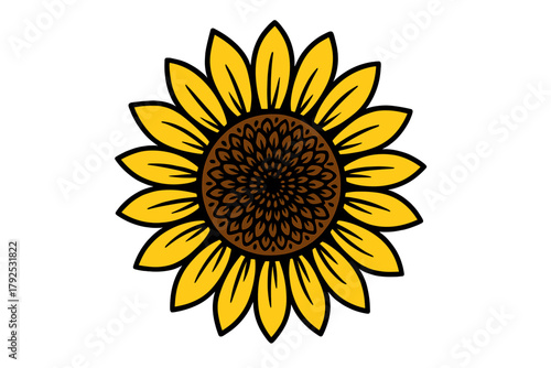Vibrant yellow sunflower head with intricate seed pattern and decorative floral element
