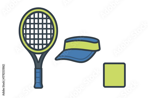 Set of tennis icons featuring a racket, a visor hat, and a ball for sports design