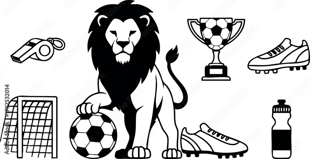 Naklejka premium Lion mascot with soccer ball trophy cleats and sports whistle vector illustration for football fans and athletes