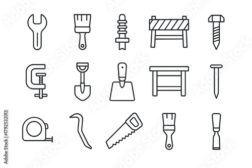 Simple line icons of common hand tools for construction and diy projects