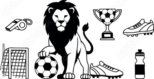Lion mascot with soccer ball trophy cleats and sports whistle vector illustration for football fans and athletes