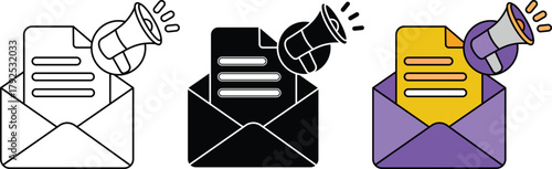 Email envelope megaphone in various styles including line art, silhouette and color vector marketing or communication concept Symbol design