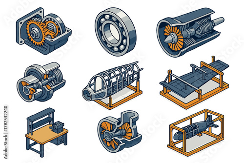 Isometric set of engineering and mechanical components showing internal structures and assembly parts