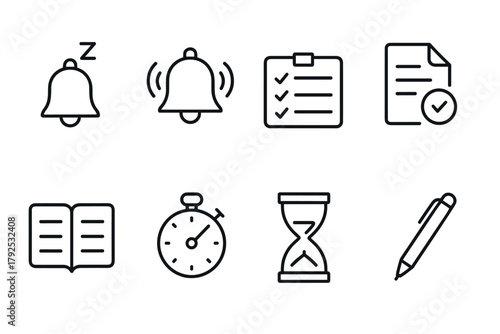 Minimalist icons of alarms, checklists, and time management tools