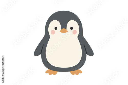 Cute baby penguin character with rosy cheeks standing isolated on white