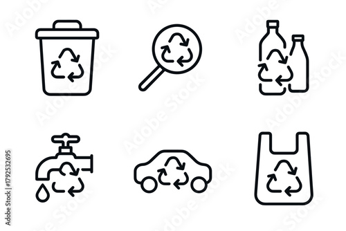Ecofriendly recycling symbols set featuring linear icons for sustainable living