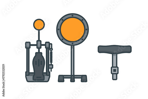 Essential drum kit components including a bass drum pedal, cymbal on a stand, and tuning key tool
