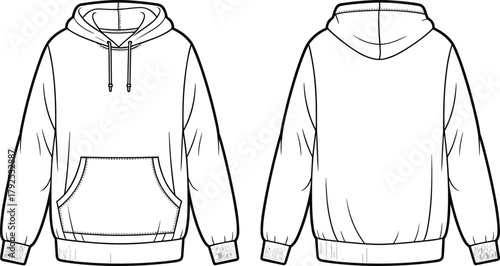 Unisex hoodie sweatshirt flat sketch with front pocket and hood, technical garment drawing for fashion designers, clothing vector illustration