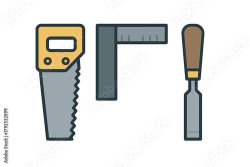 Essential woodworking and construction tools: hand saw, try square, and wood chisel