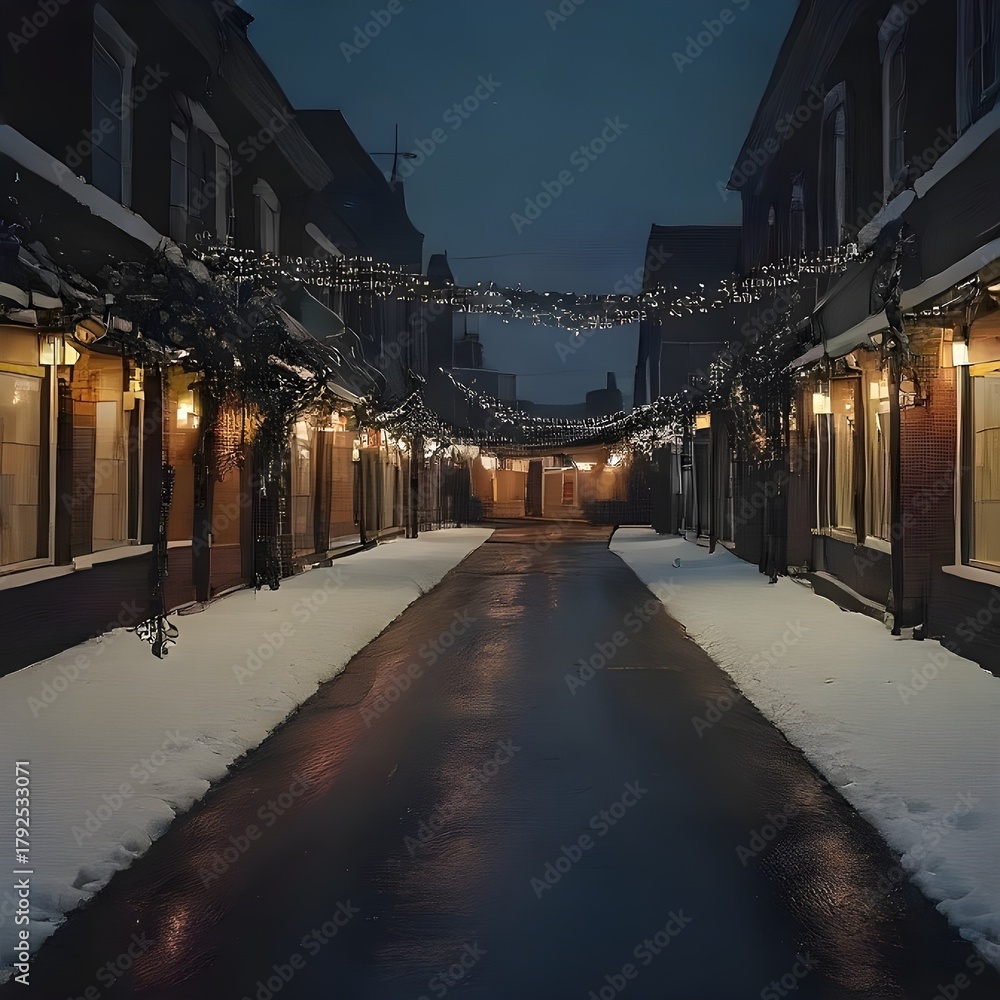 Obraz premium The image displays a charming snow-covered street festive mood