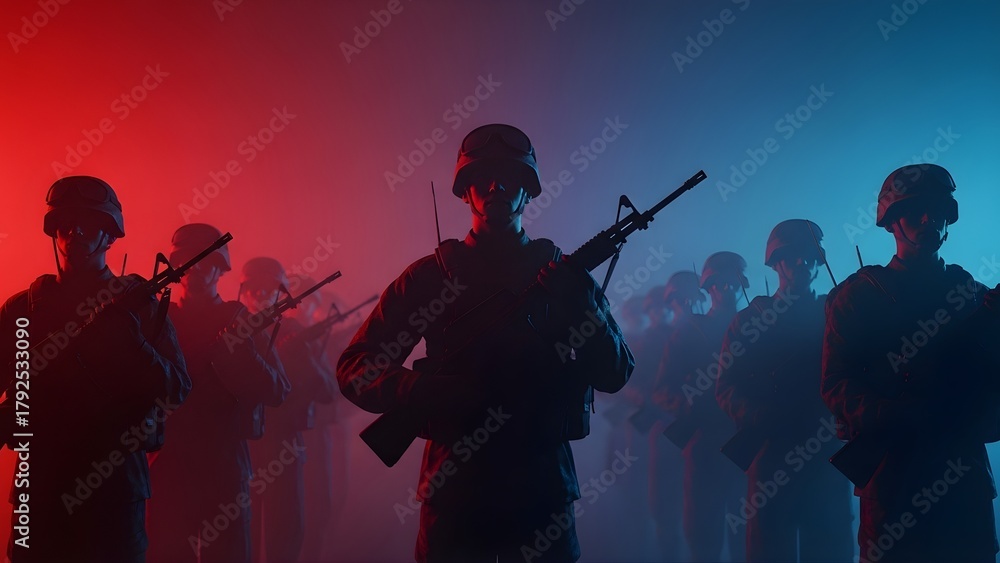 Fototapeta premium Soldier silhouette symbolizing courage, duty, and military honor. Colorful war torn soldier memorial day silhouette. 