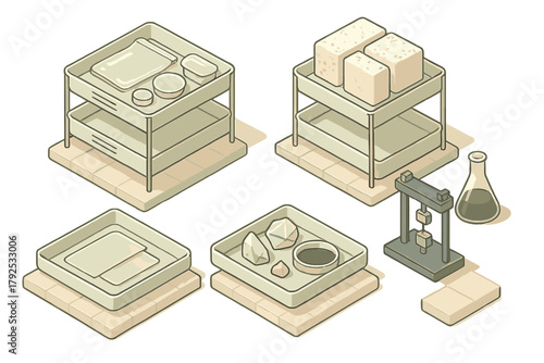Isometric setup showing various stages of construction material testing including samples, molds, and specialized laboratory tools