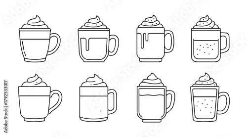 Collection of eight hand drawn coffee drinks with whipped cream silhouette