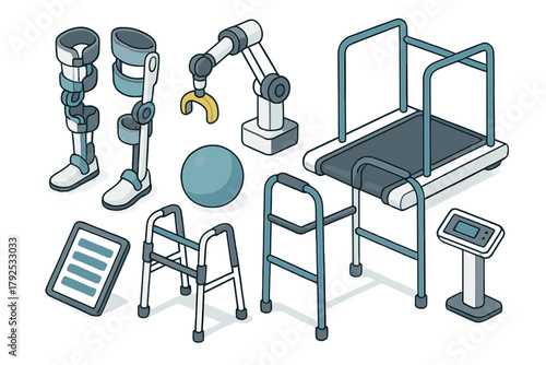 Isometric set of rehabilitation equipment including exoskeleton, walkers, treadmill, and robotic arm