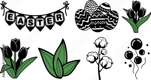 Easter decorations with tulips cotton branches balloons and decorated eggs in black and green vector illustration