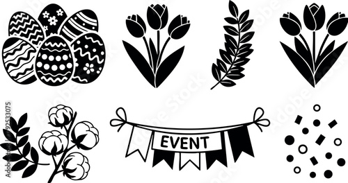 Easter eggs tulips cotton branches event banner floral elements vector icons set for spring celebrations and decorations