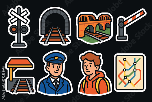 Transportation and train elements set in sticker style for travel and commuting designs