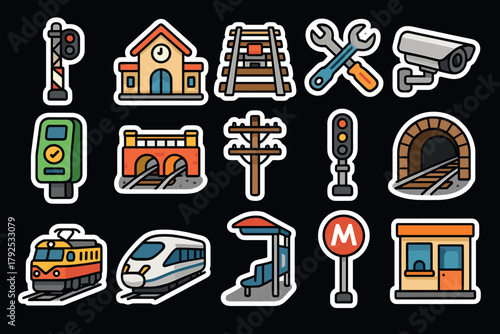 Railway station icons set featuring trains, tracks, and tools in colorful flat design