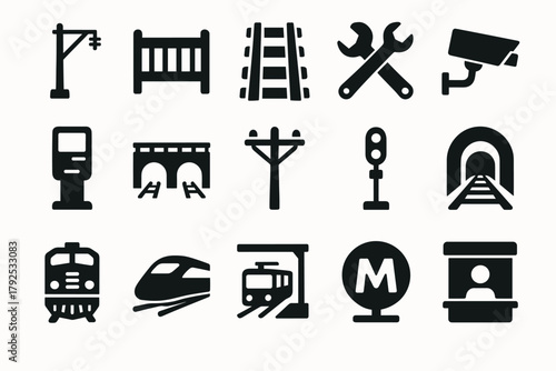 Transportation and infrastructure icons set train, metro, tools, cctv, and more