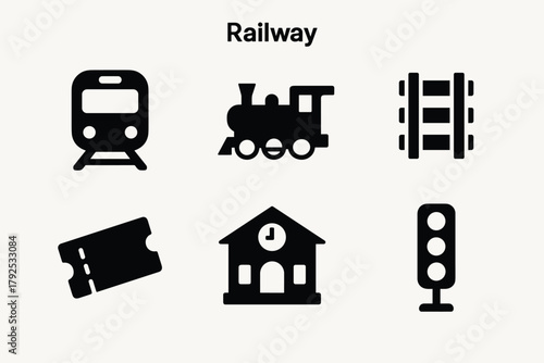 Railway icons train, station, tracks, ticket, and signal in bold silhouette style