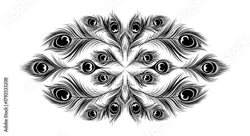 Symmetrical Arrangement of Peacock Feathers in Black and White.