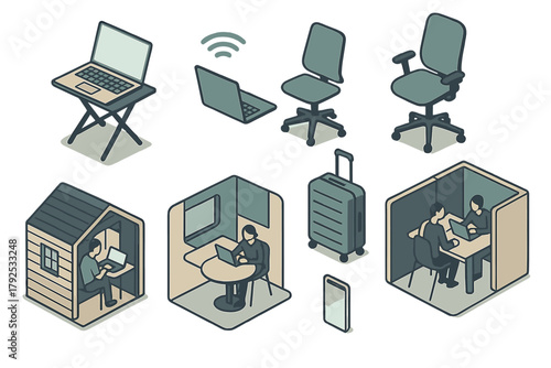 Isometric elements of remote work setup including private pods, ergonomic chairs, laptops, and travel luggage