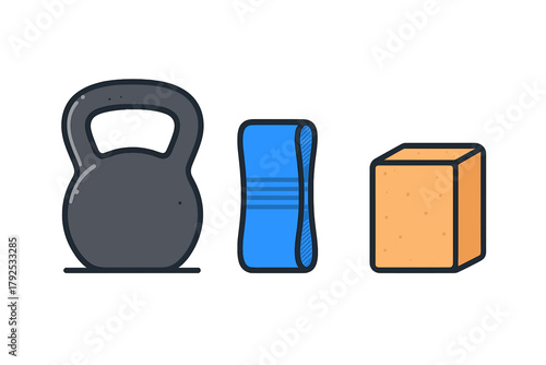 Fitness equipment set including a heavy kettlebell rolled yoga mat and foam block for exercise training