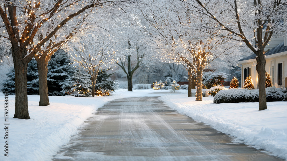 Obraz premium A snowy street with lights on the trees and houses