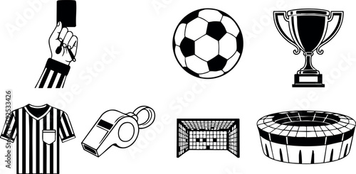 Soccer icons set with referee card whistle trophy ball jersey stadium and goal vector collection
