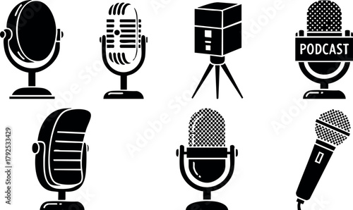 Vintage and modern microphone icons vector set for podcasting and audio recording equipment design