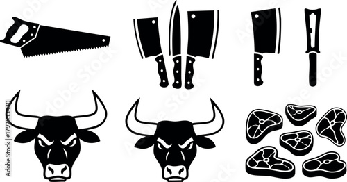 Butcher tools with bull heads and meat cuts vector collection for meat processing and barbecue illustration