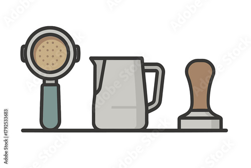 Barista equipment set with portafilter handle, milk frothing pitcher, and coffee tamper