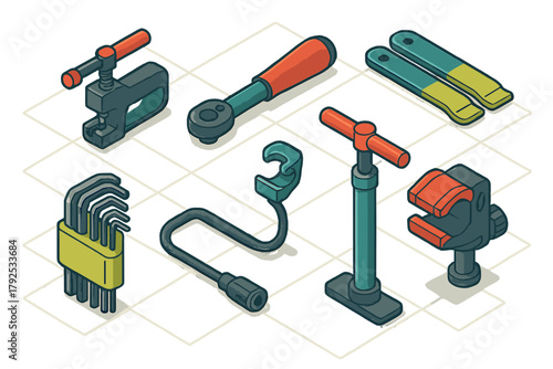 Collection of essential bicycle repair tools including floor pump, hex keys, ratchet, and chain tool