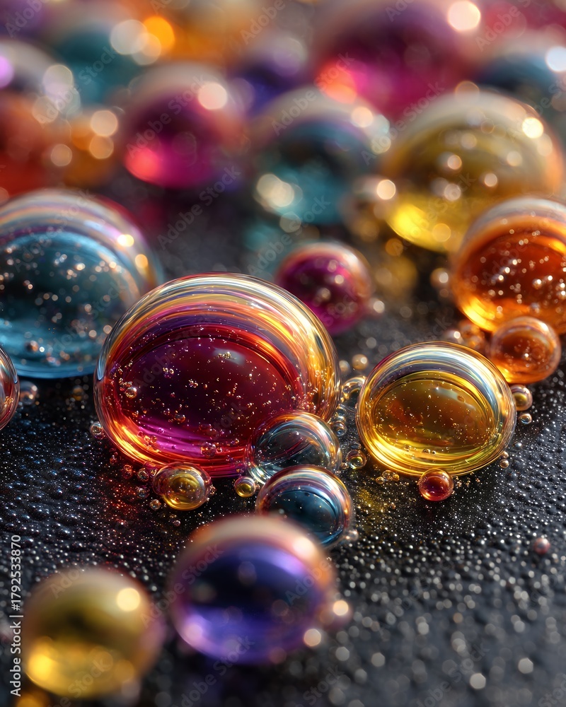 Fototapeta premium colorful water droplets on dark surface