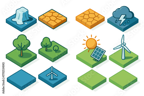 Isometric tiles set showing environmental issues, climate change, drought, storms, and renewable energy sources