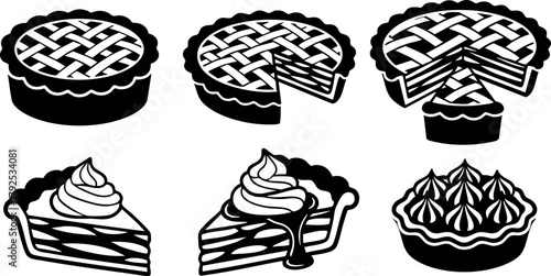 Classic pie silhouettes with lattice and whipped cream topping vector set for baking dessert design and culinary art