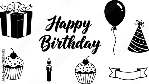 Happy birthday celebration icons with gift box cupcake balloon candle party hat and banner design vector illustration